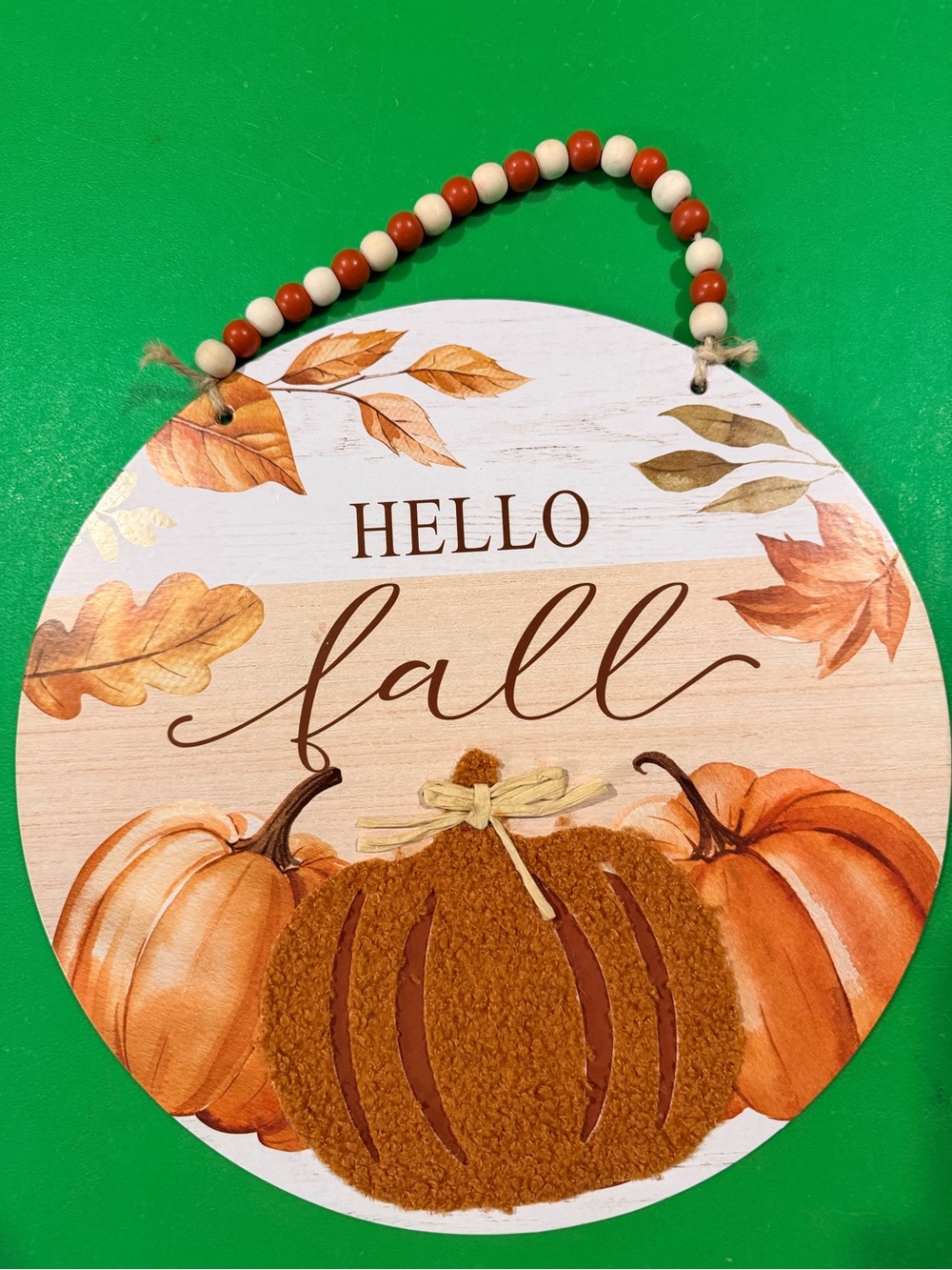 Hello Fall Pumpkin Round Wall Sign - Orange & Cream